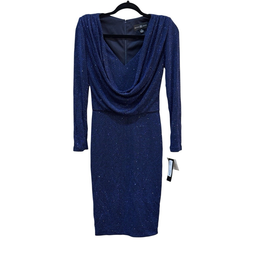 Betsy & Adam Cowl Neck Sparkle Shimmer Short Cocktail Dress Blue Size 4